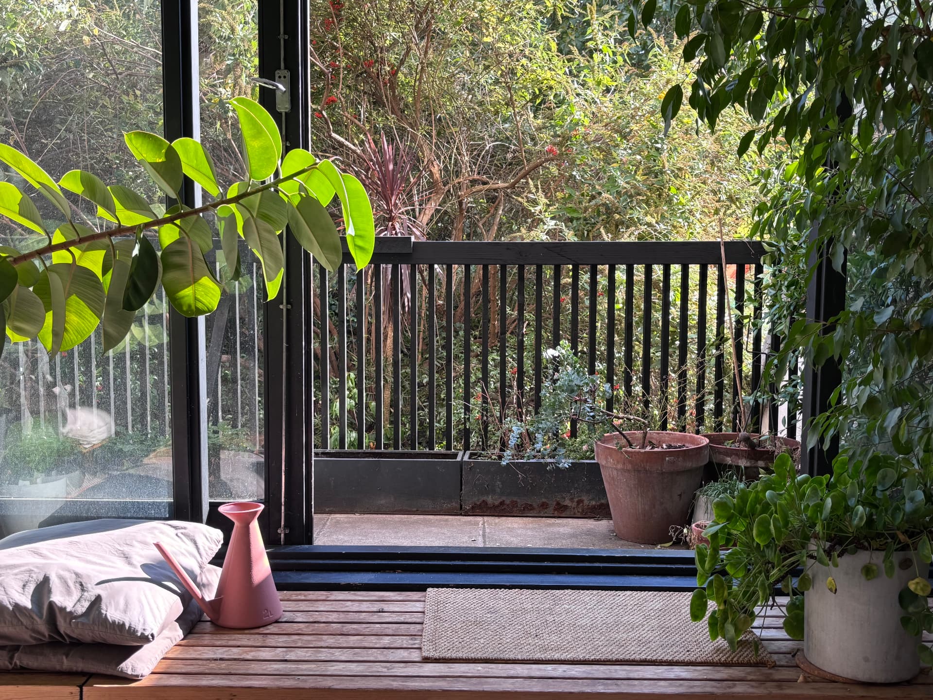 Timber deck and black balustrade with potted planting at Rowley Way